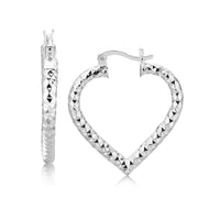 Sterling Silver Rhodium Plated Heart Style Hoop Diamond Cut Earrings(3x22mm) - Forever in Harmony