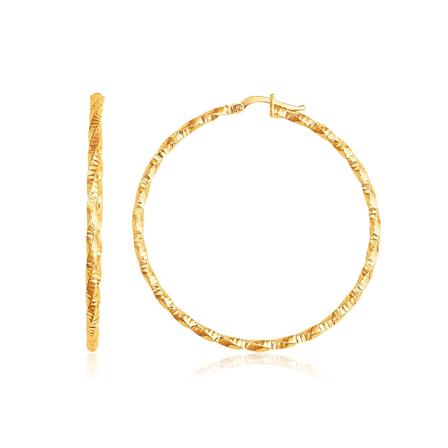 14k Yellow Gold Patterned Hoop Earrings with Twist Design(2x45mm) - Forever in Harmony