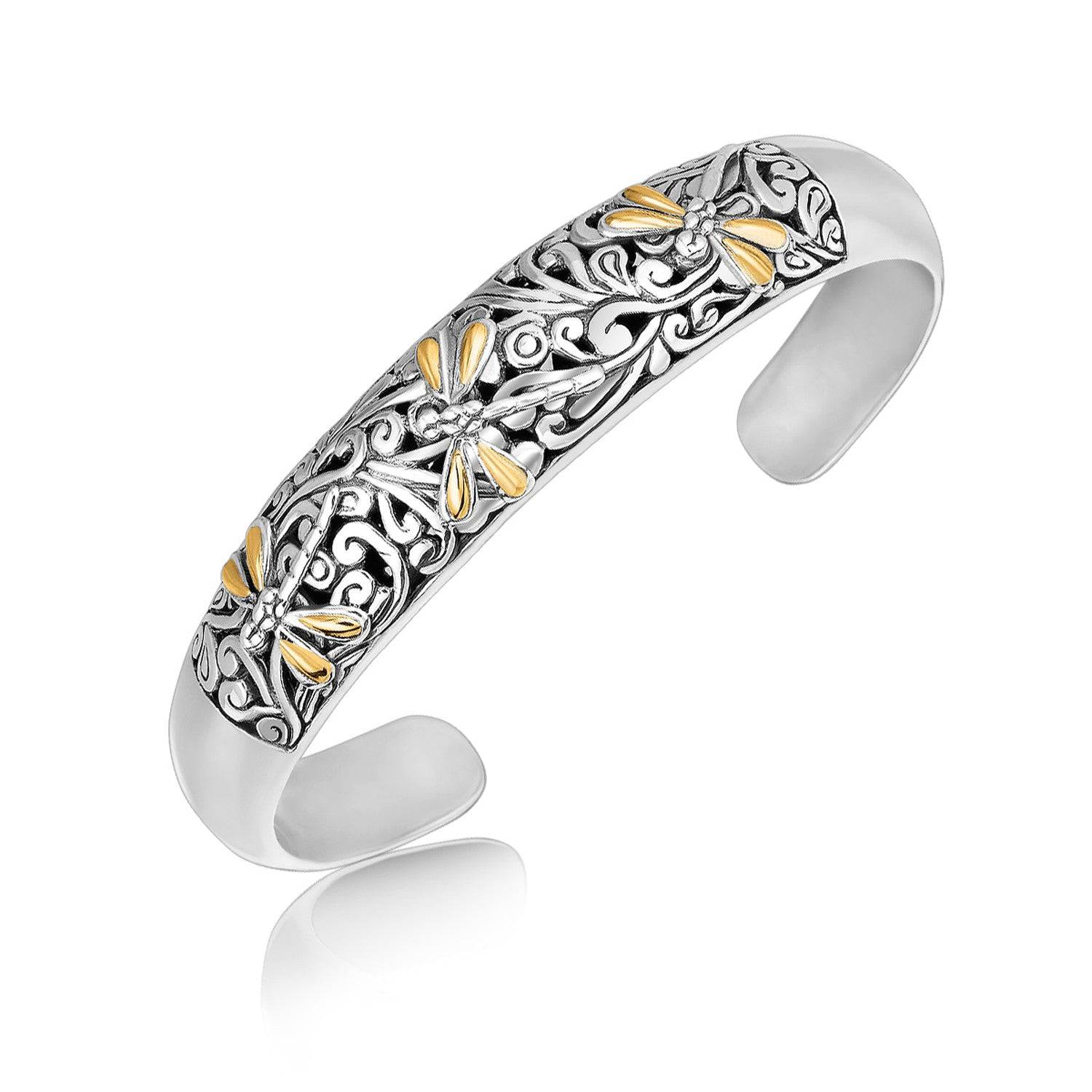 18k Yellow Gold and Sterling Silver Cuff with Dragonfly and Flourishes(12.70 mm) - Forever in Harmony