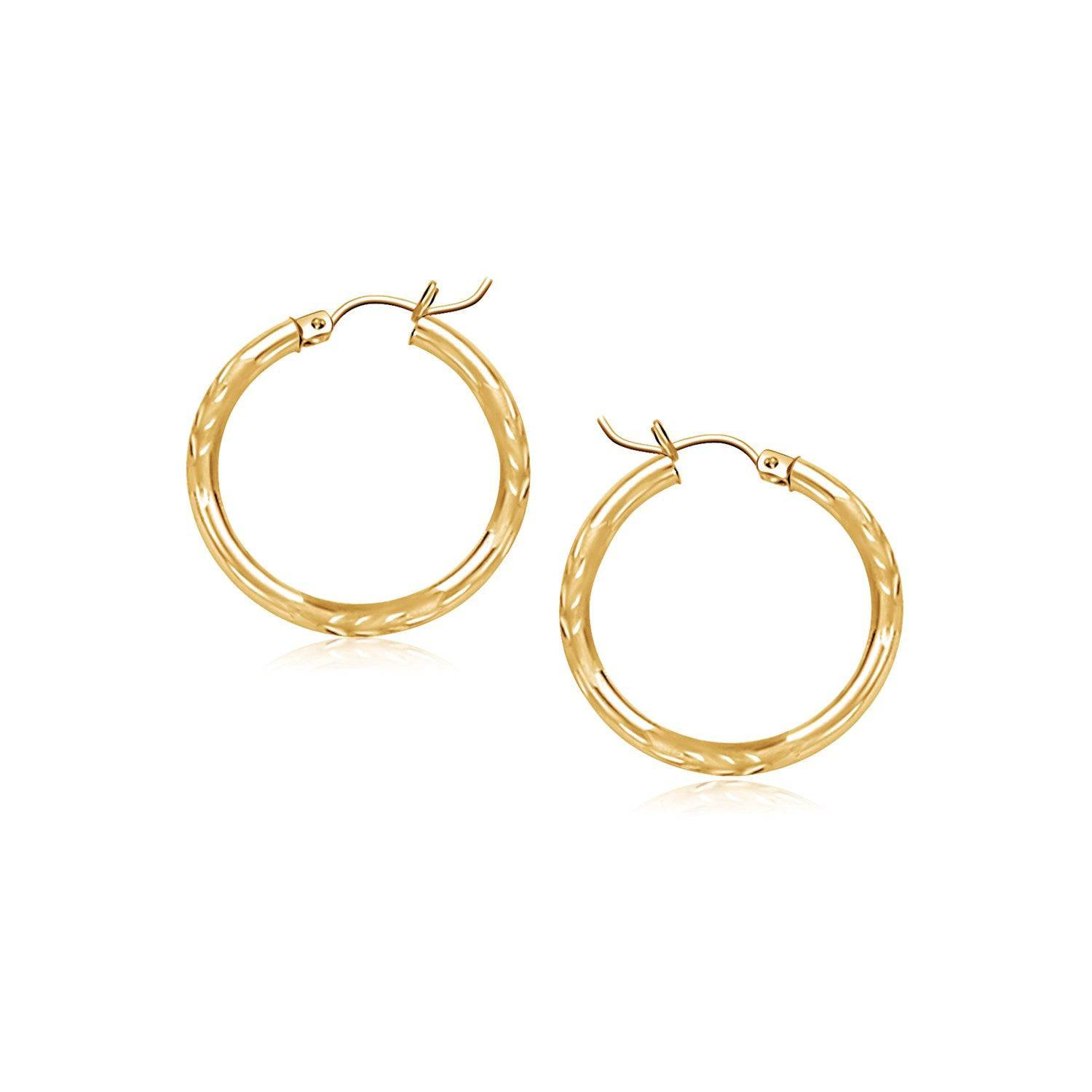 14k Yellow Gold Fancy Diamond Cut Slender Small Hoop Earrings (2x15mm) - Forever in Harmony