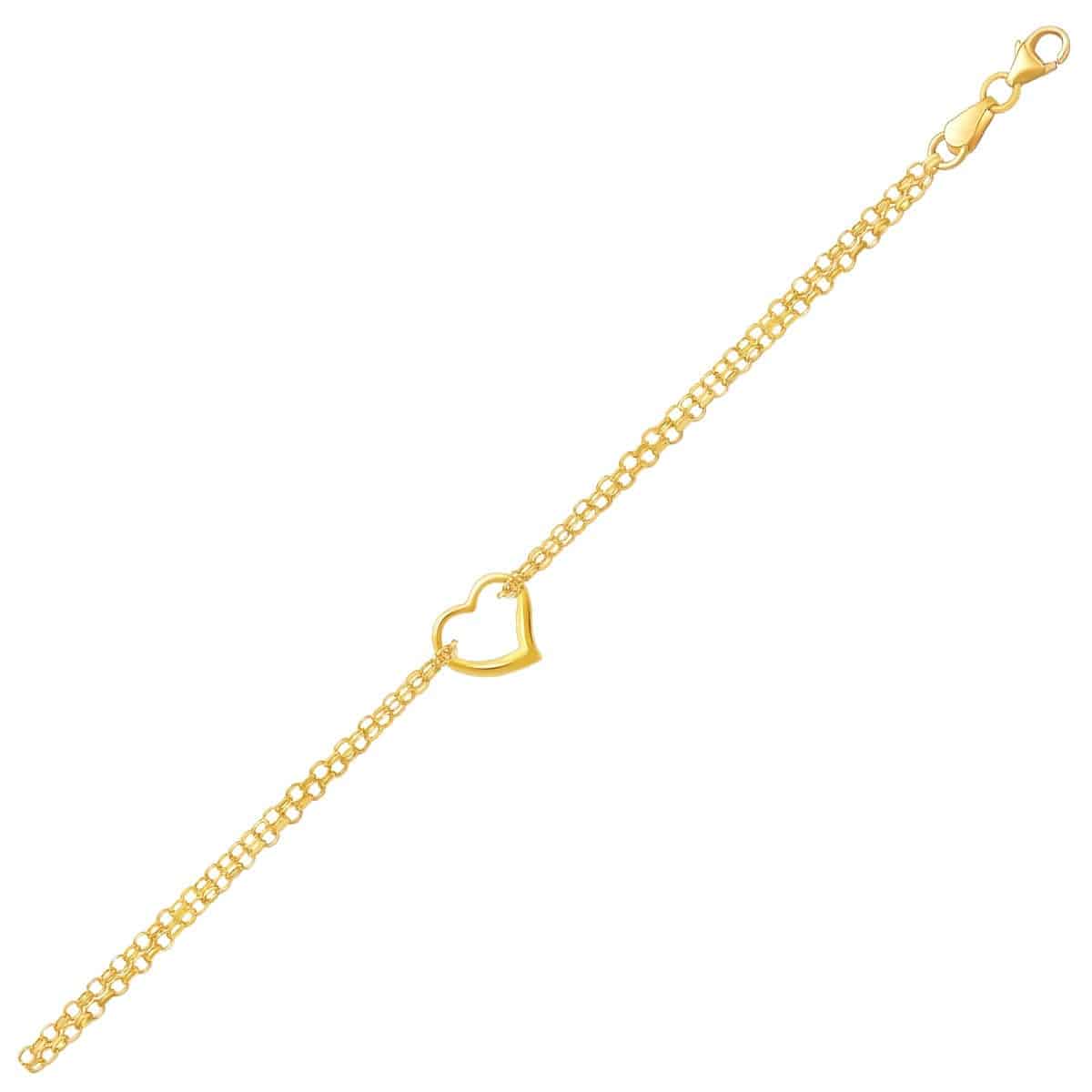 14k Yellow Gold Double Rolo Chain Anklet with an Open Heart Station - Forever in Harmony