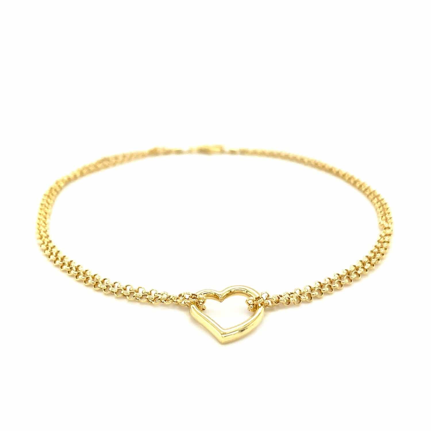 14k Yellow Gold Double Rolo Chain Anklet with an Open Heart Station - Forever in Harmony