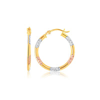 Tri-Color Hoop Earrings with Diamond Cut Accents in 14k Gold(2x15mm) - Forever in Harmony