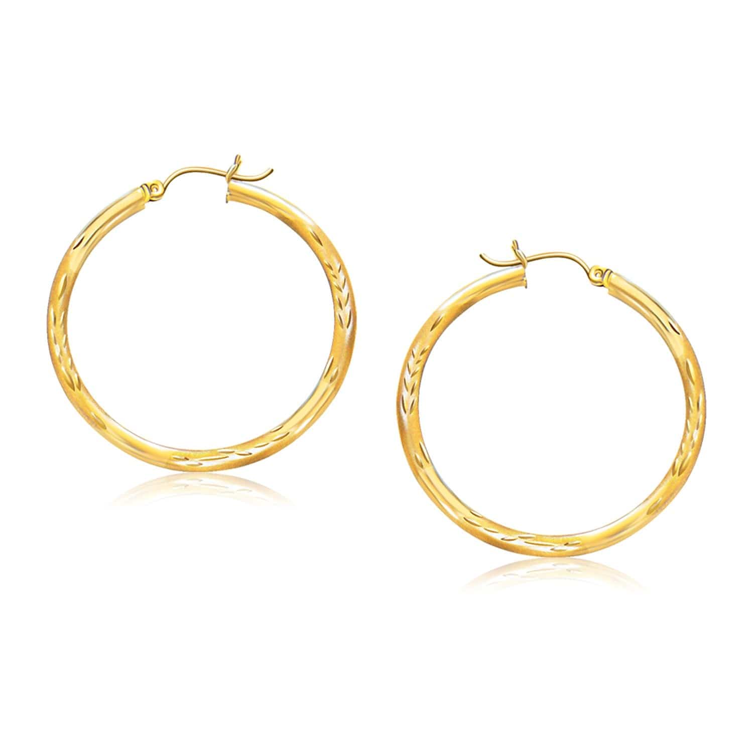 14k Yellow Gold Fancy Diamond Cut Hoop Earrings (3x35mm) - Forever in Harmony