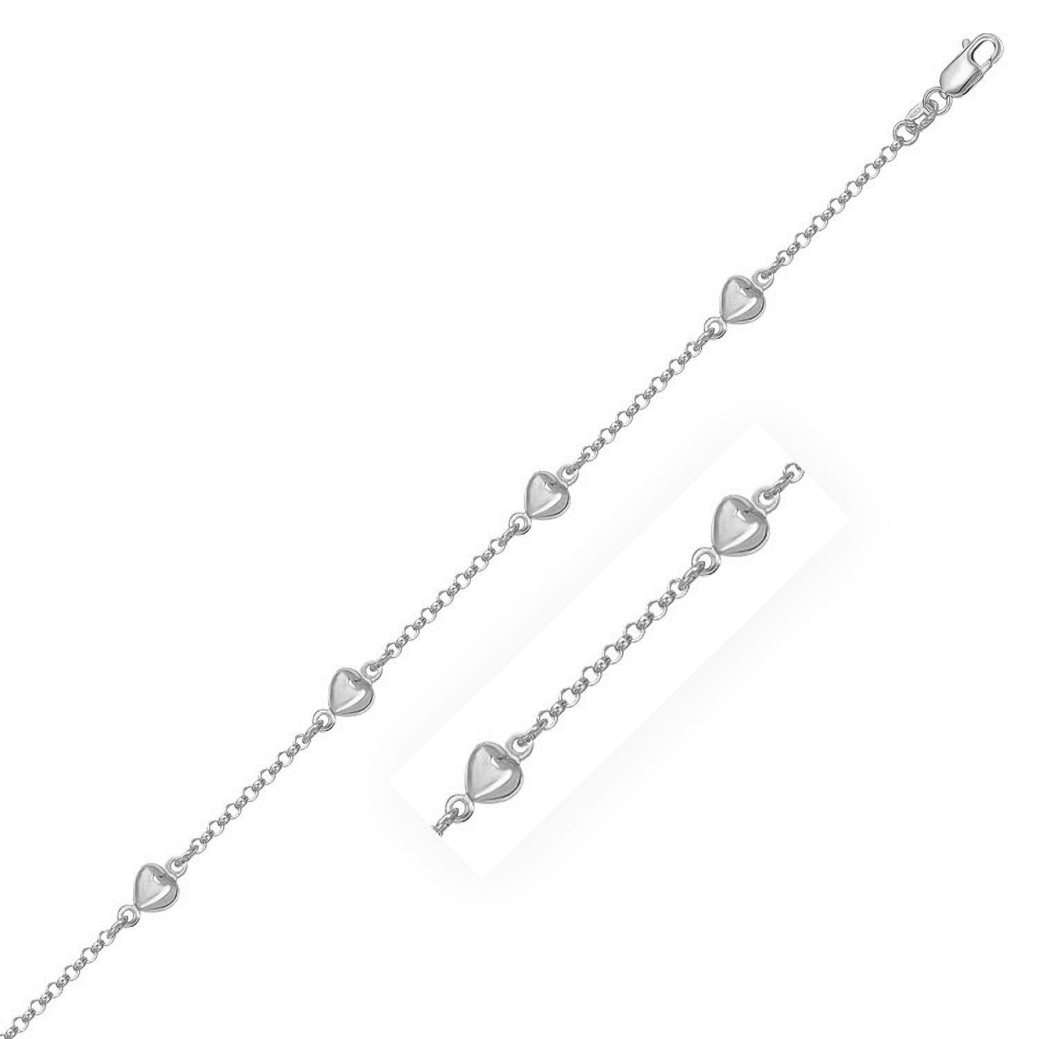 14k White Gold Rolo Chain Bracelet with Puffed Heart Stations (3.30 mm) |