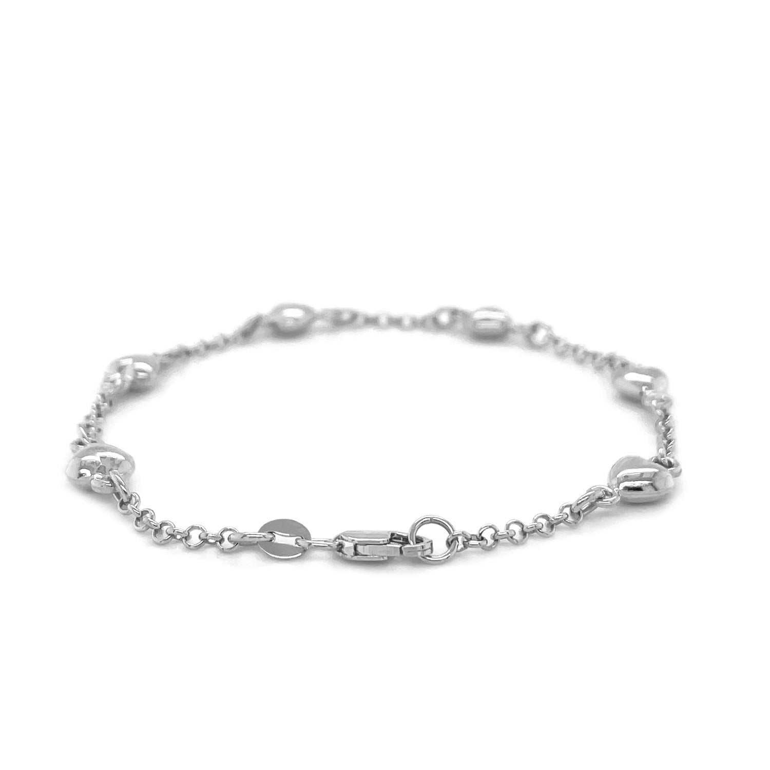 14k White Gold Rolo Chain Bracelet with Puffed Heart Stations (3.30 mm) |