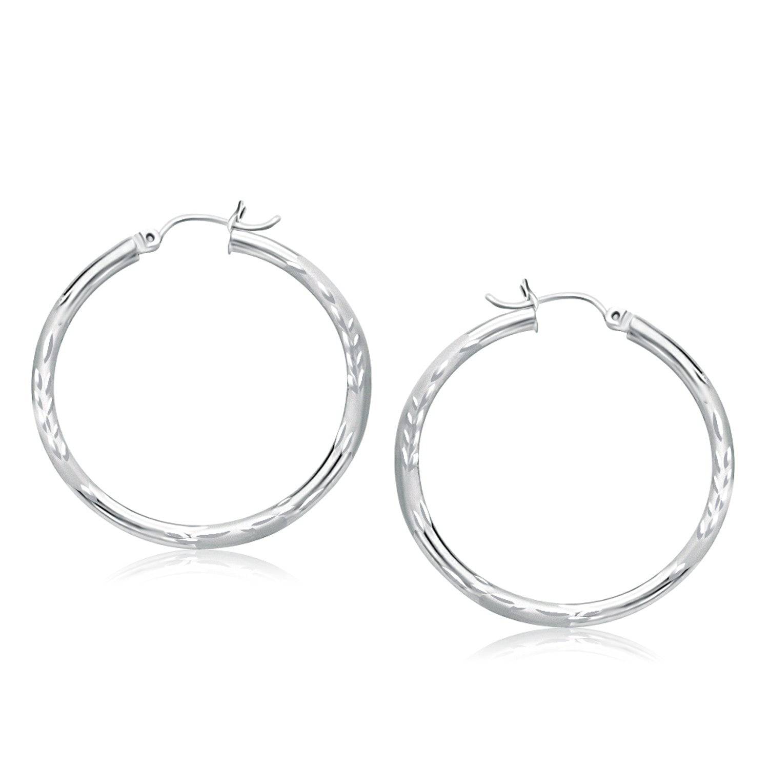 14k White Gold Fancy Diamond Cut Hoop Earrings (3x35mm) - Forever in Harmony