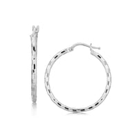 Sterling Silver Hoop Design Diamond Cut Earrings with Rhodium Plating (2x26mm) - Forever in Harmony