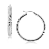 Sterling Silver Rhodium Plated Hoop Marquise Motif Diamond Cut  Earrings(3x30mm) - Forever in Harmony