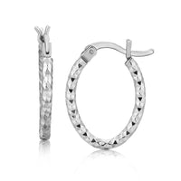 Sterling Silver Rhodium Plated Oval Hoop Diamond Cut Textured Earrings(2x10mm) - Forever in Harmony