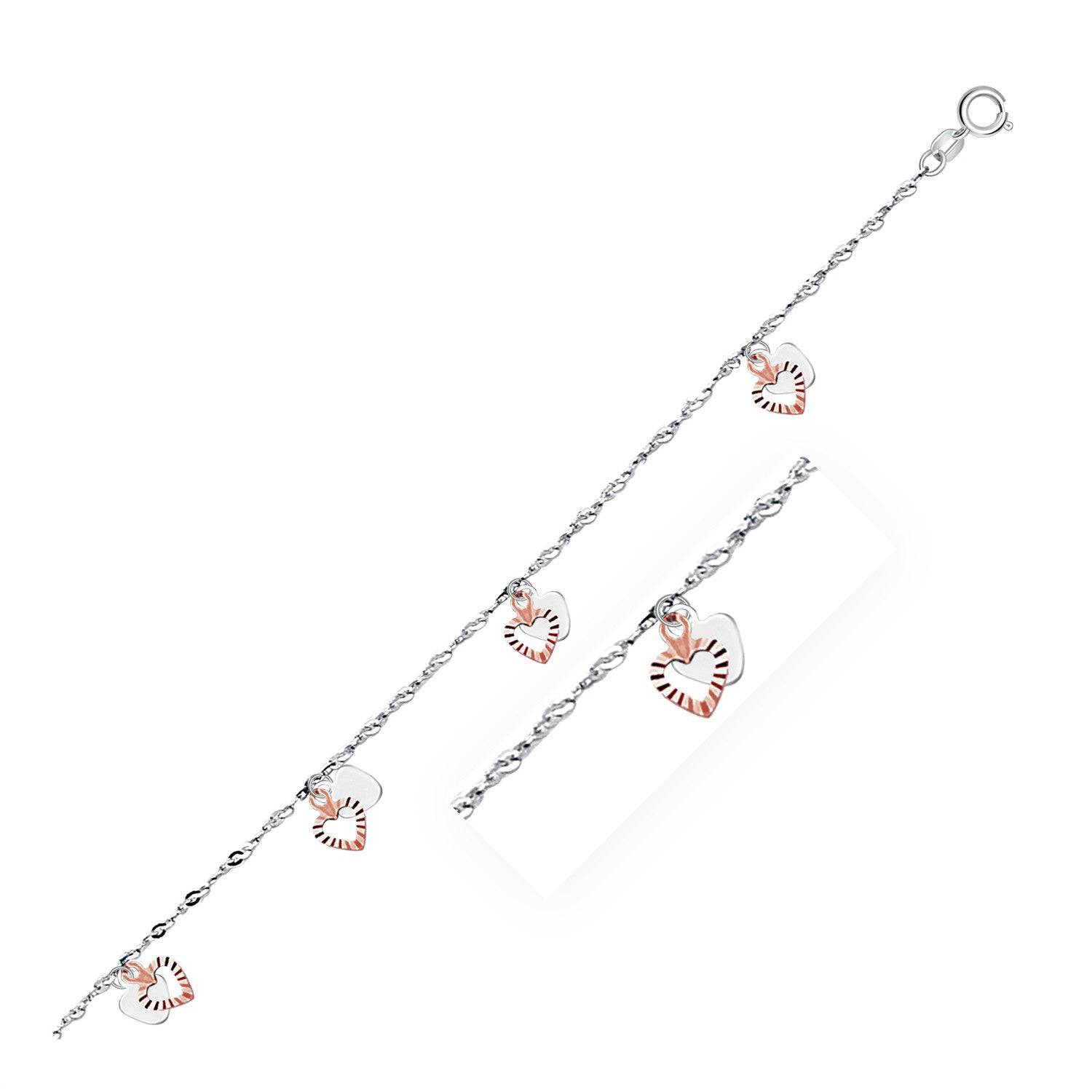 14k White and Rose Gold Anklet with Dual Heart Charms - Forever in Harmony