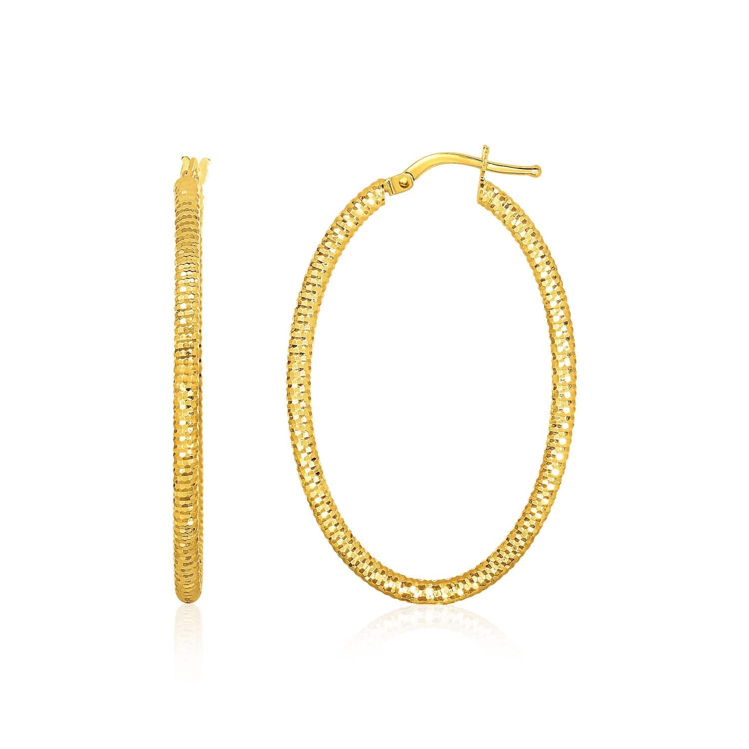 14k Yellow Gold Textured Oval Hoop Earrings(2x35mm) - Forever in Harmony