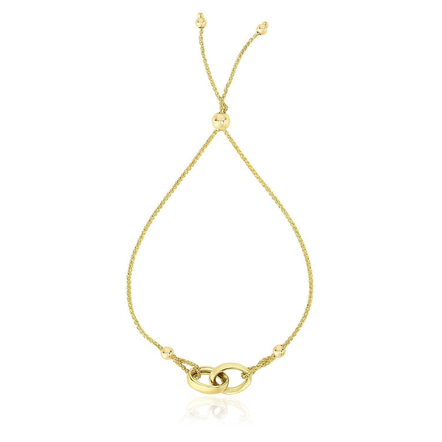 14k Yellow Gold Entwined Rings Adjustable Lariat Style Bracelet - Forever in Harmony