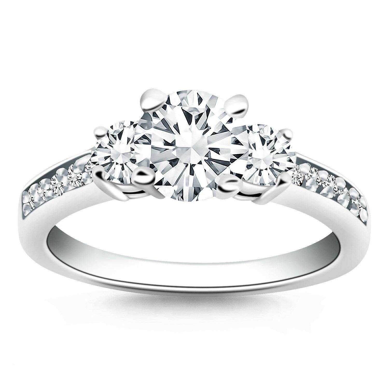 14k White Gold Three Stone Engagement Ring with Diamond Band - Forever in Harmony