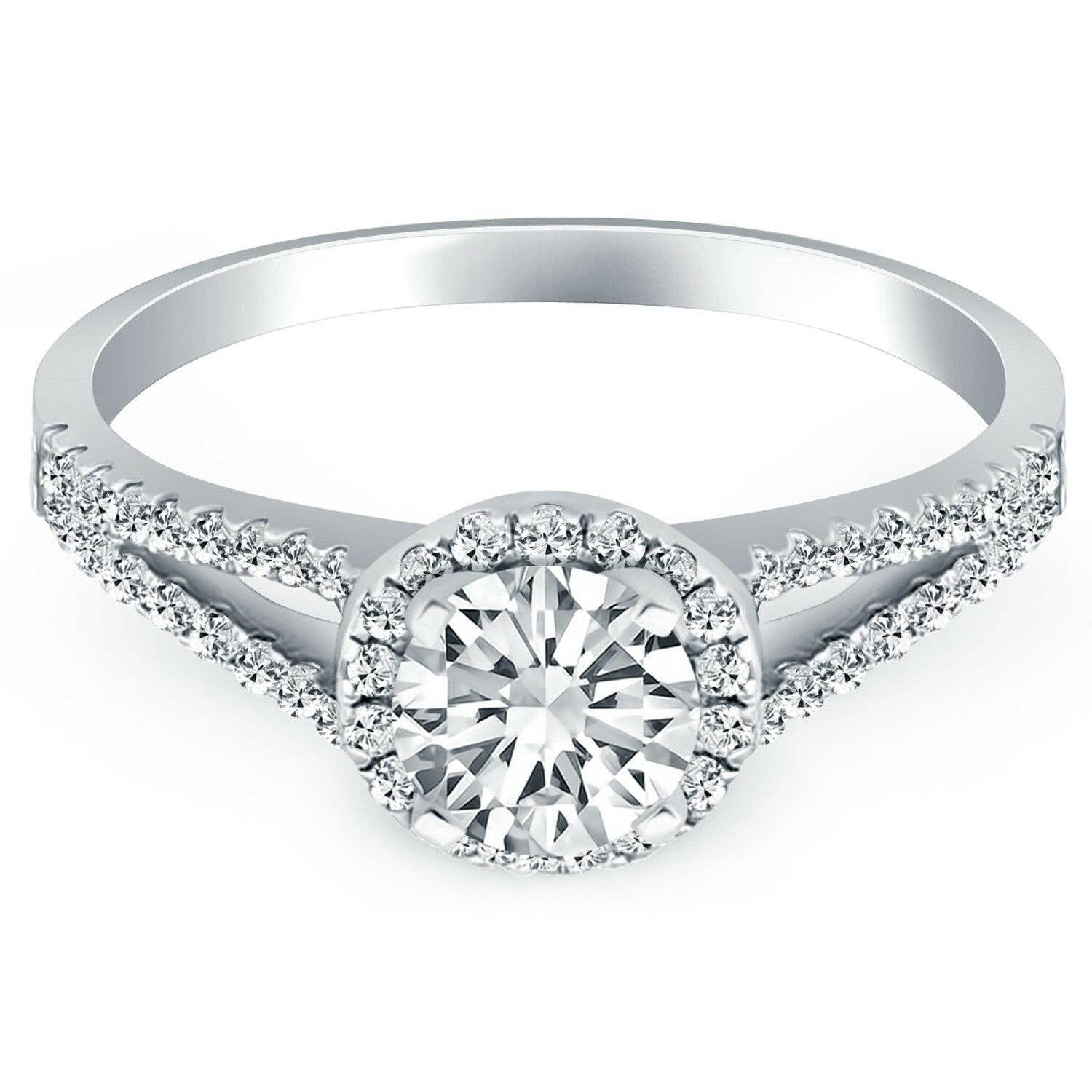 14k White Gold Diamond Halo Split Shank Engagement Ring