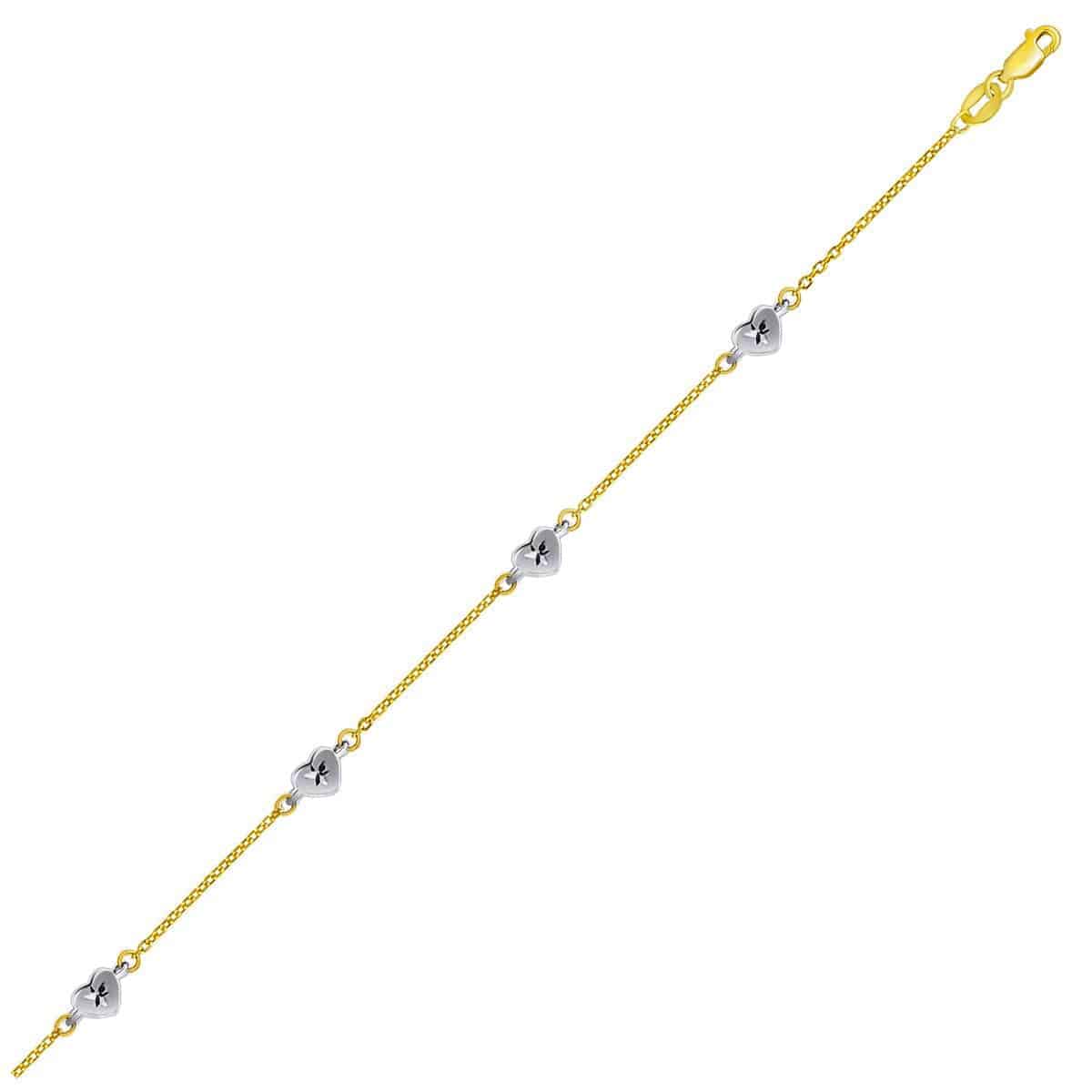 14k Two Tone Gold Anklet with Diamond Cut Heart Style Stations - Forever in Harmony