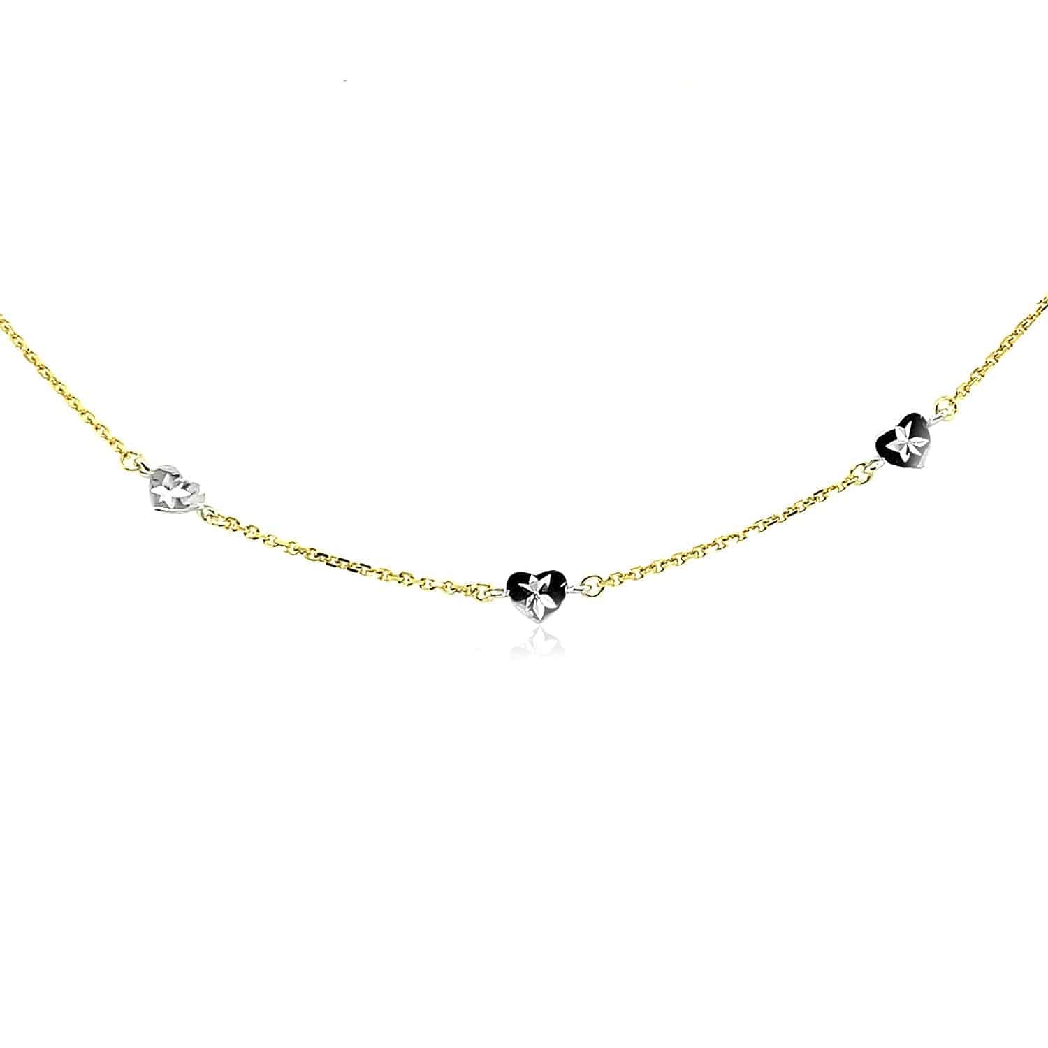 14k Two Tone Gold Anklet with Diamond Cut Heart Style Stations - Forever in Harmony