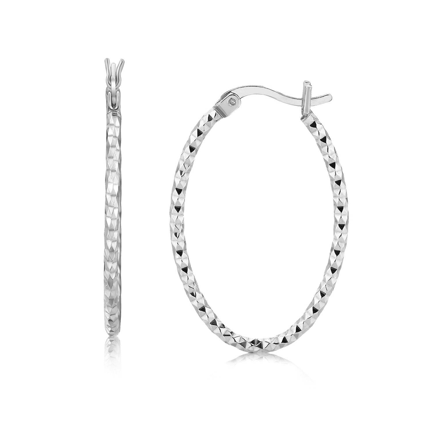 Sterling Silver Rhodium Plated Textured Diamond Cut Hoop Earrings(2x25mm) - Forever in Harmony