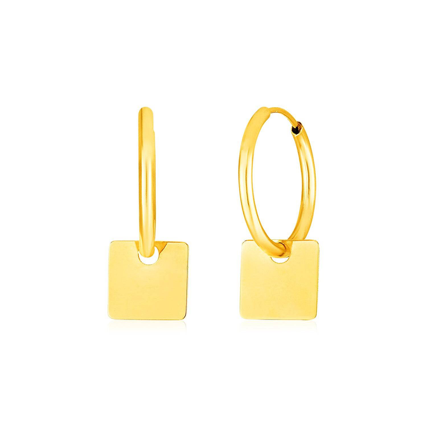 14k Yellow Gold Huggie Style Hoop Earrings with Square Drops - Forever in Harmony