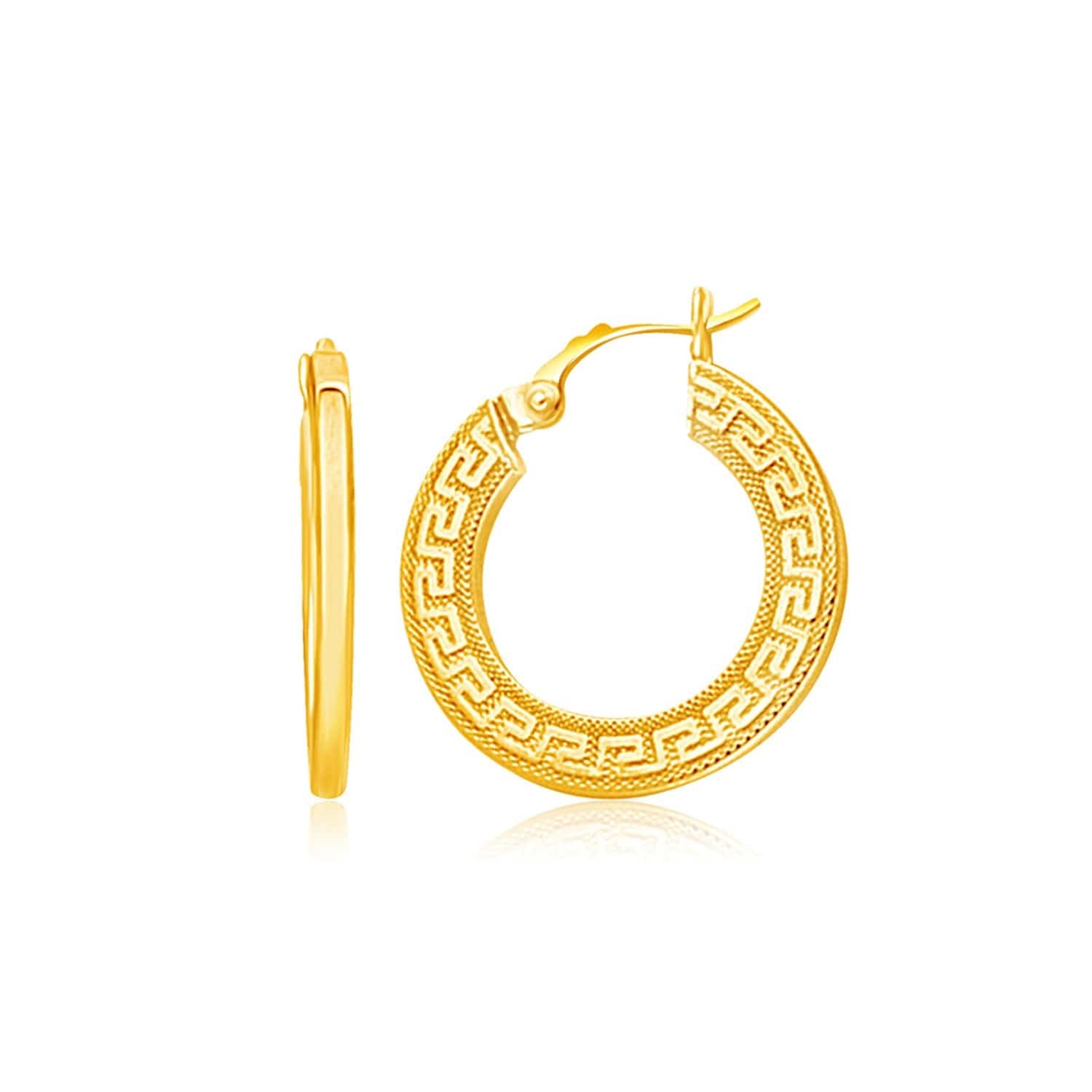 14k Yellow Gold Greek Key Medium Hoop Earrings with Flat Sides - Forever in Harmony