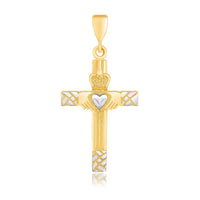 14k Two-Tone Gold Cross Pendant with a Claddagh Motif - Forever in Harmony