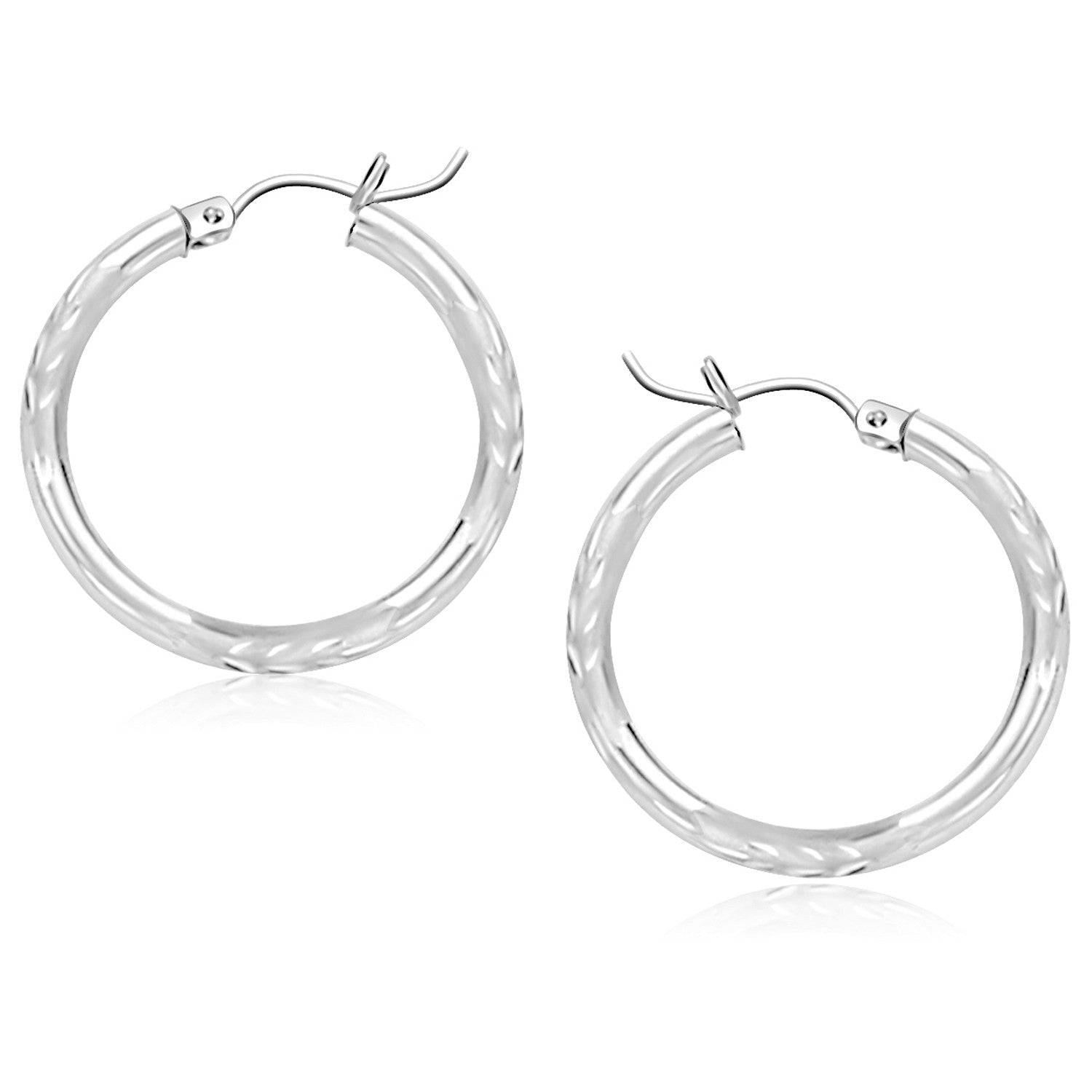 14k White Gold Diamond Cut Hoop Earrings (3x25mm) - Forever in Harmony