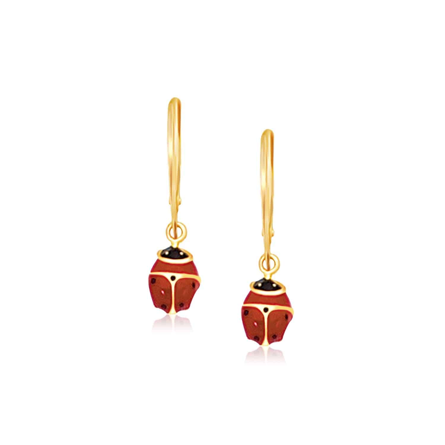 14k Yellow Gold Petite Enamel Lady Bug Drop Earrings - Forever in Harmony