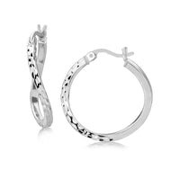 Sterling Silver Rhodium Plated Twist Style Hoop Diamond Cut Earrings (2x20mm) - Forever in Harmony