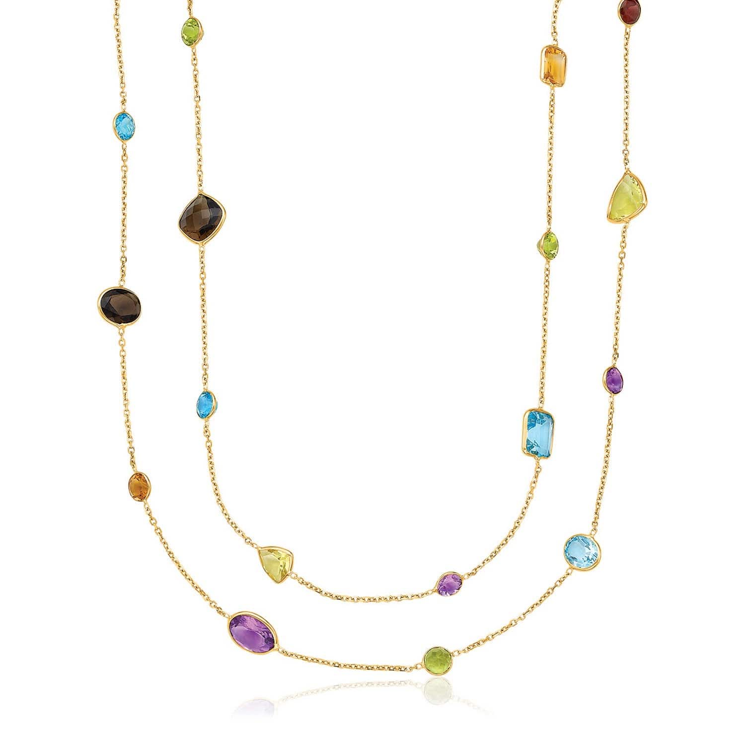 14k Yellow Gold Double Layer Multi Gem Necklace - Forever in Harmony