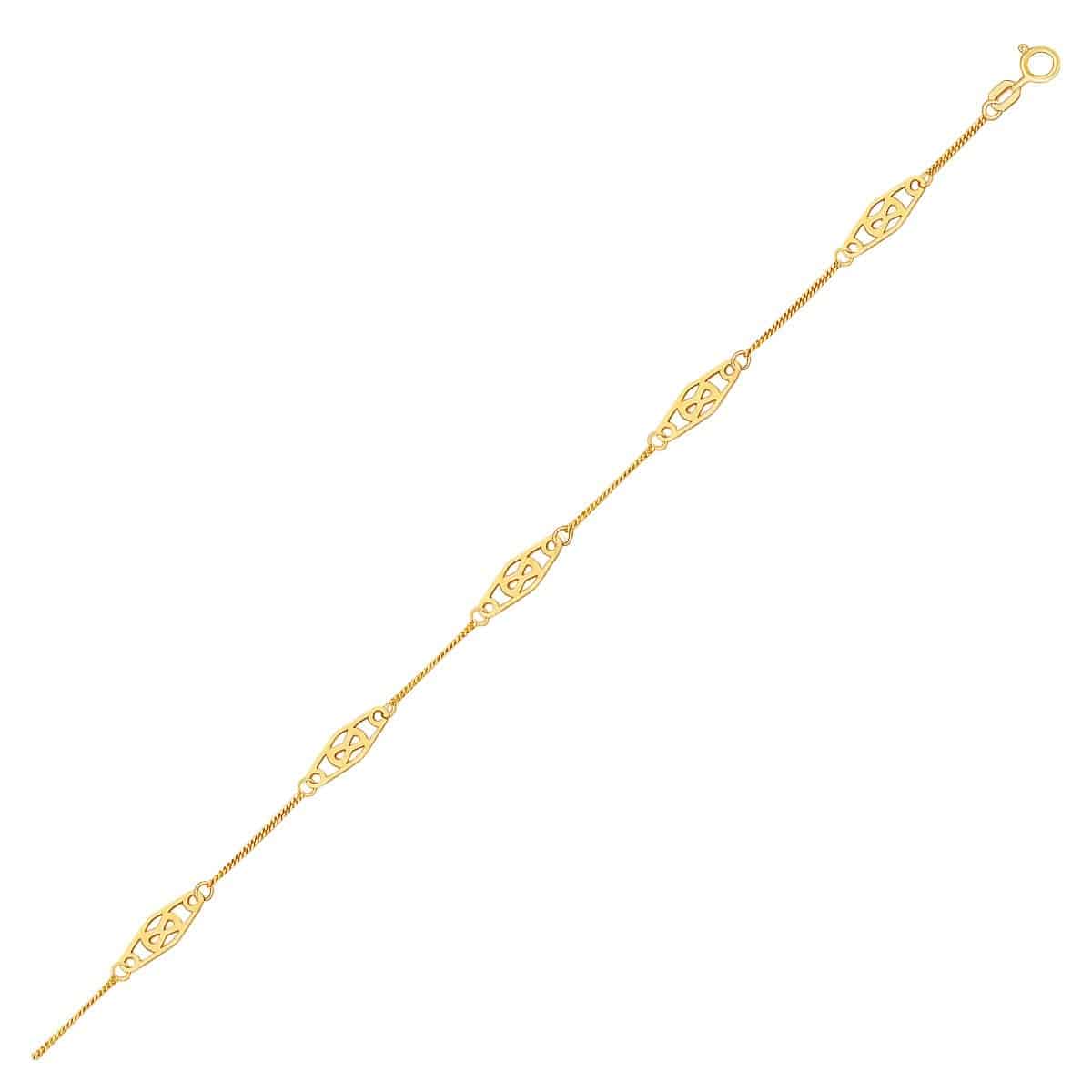 14k Yellow Gold Anklet with Fancy Diamond Shape Filigree Stations |