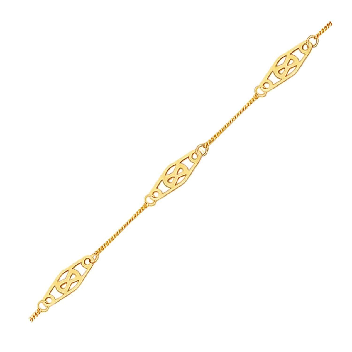 14k Yellow Gold Anklet with Fancy Diamond Shape Filigree Stations |