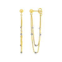 Hanging Chain Post Earrings with Bead Accents in 14k Yellow and White Gold - Forever in Harmony