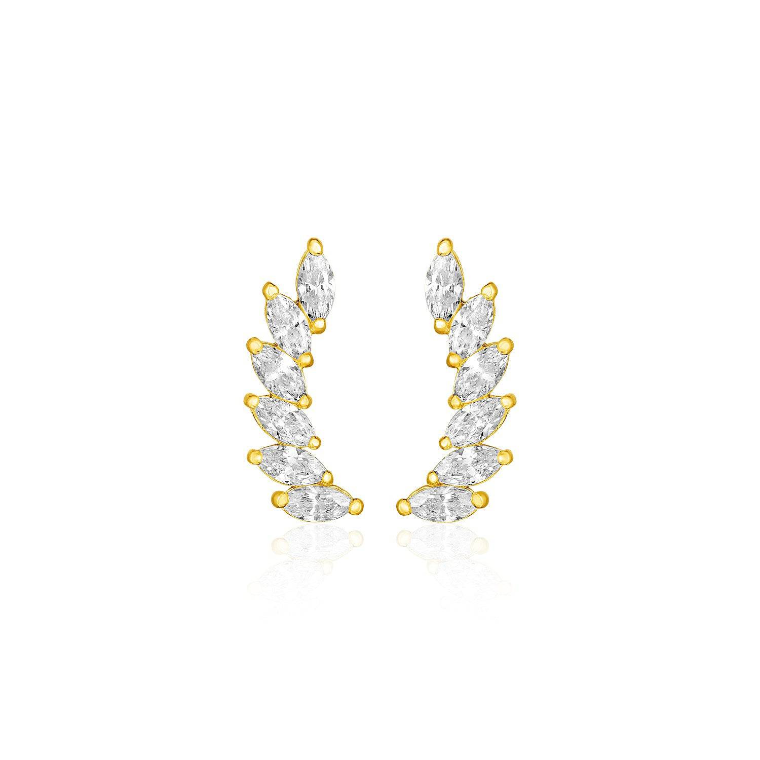 14k Yellow Gold Leaf Motif Climber Post Earrings with Marquise Cubic Zirconias