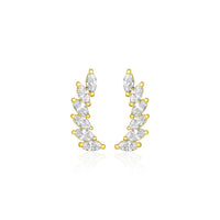 14k Yellow Gold Leaf Motif Climber Post Earrings with Marquise Cubic Zirconias - Forever in Harmony