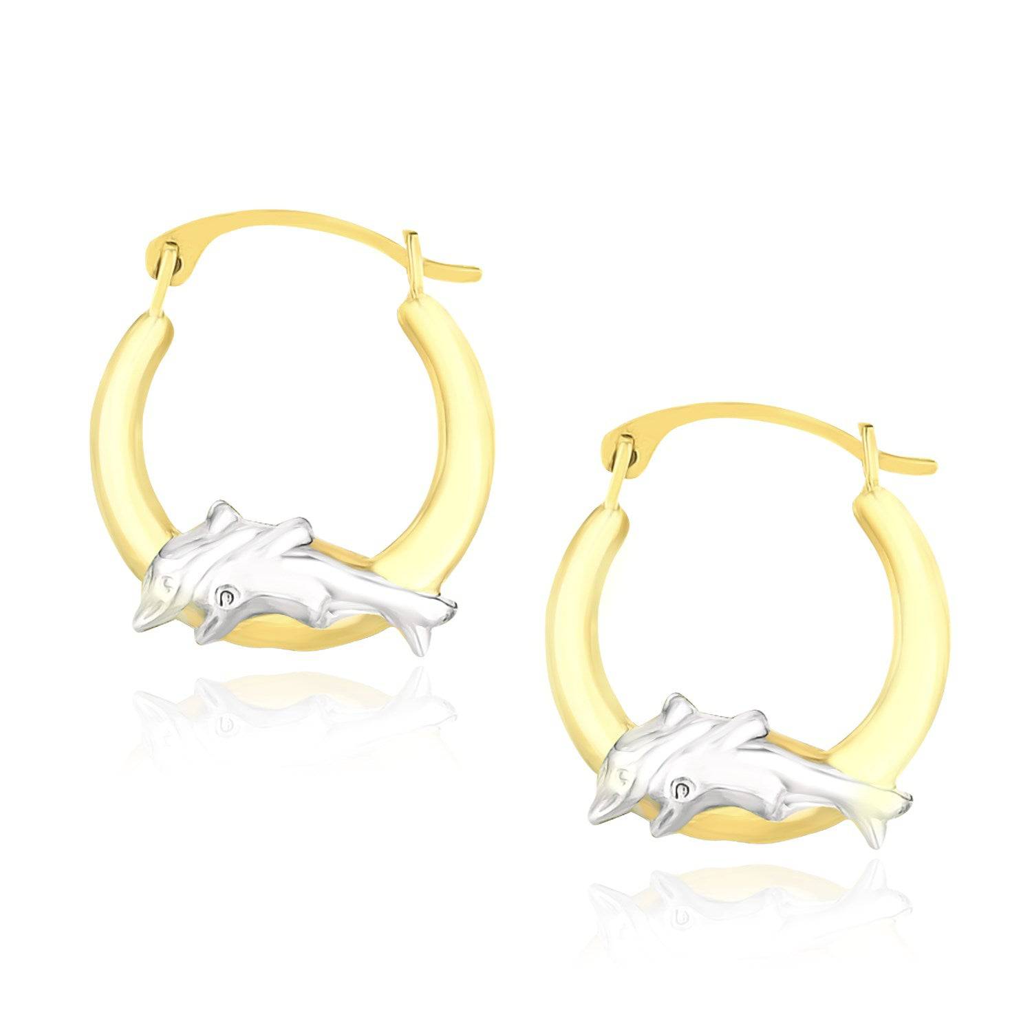 10k Two-Tone Gold Round Graduated Dolphin Design Hoop Earrings - Forever in Harmony