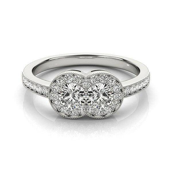 14k White Gold Two Stone Diamond Halo Ring (3/4 cttw) - Forever in Harmony