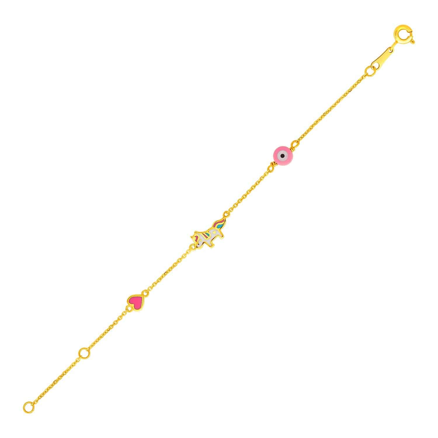 14k Yellow Gold Childrens Bracelet with Enameled Heart Unicorn and Circle - Forever in Harmony