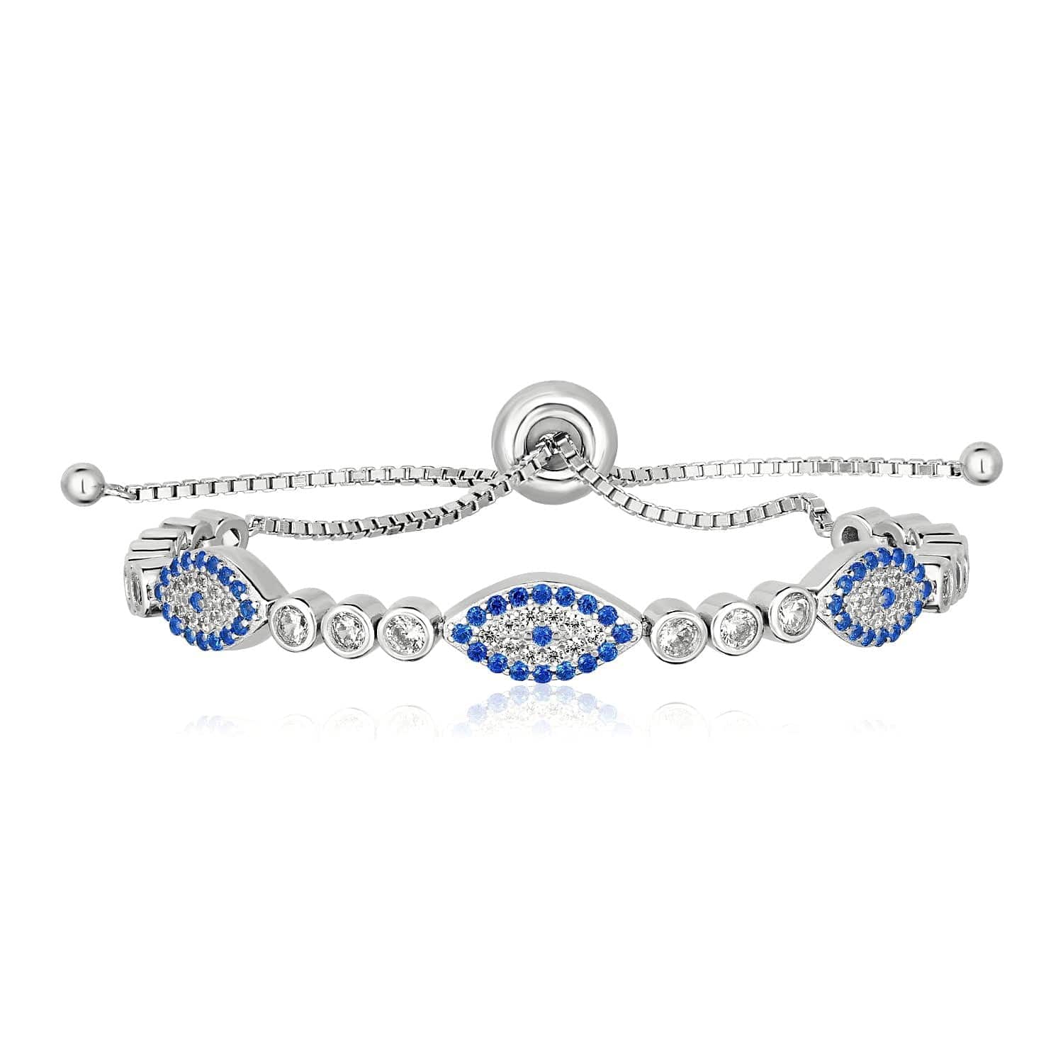 Sterling Silver Adjustable Enameled Evil Eye Bracelet with Cubic Zirconias - Forever in Harmony