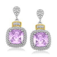 18k Yellow Gold & Sterling Silver Cushion Amethyst & Diamond Earrings (.05cttw) - Forever in Harmony