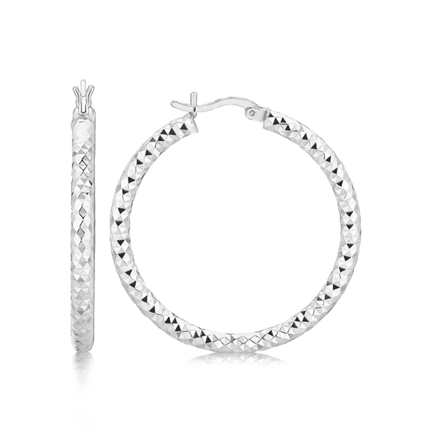 Sterling Silver Faceted Motif Large Hoop Earrings with Rhodium Plating(4x25mm) - Forever in Harmony