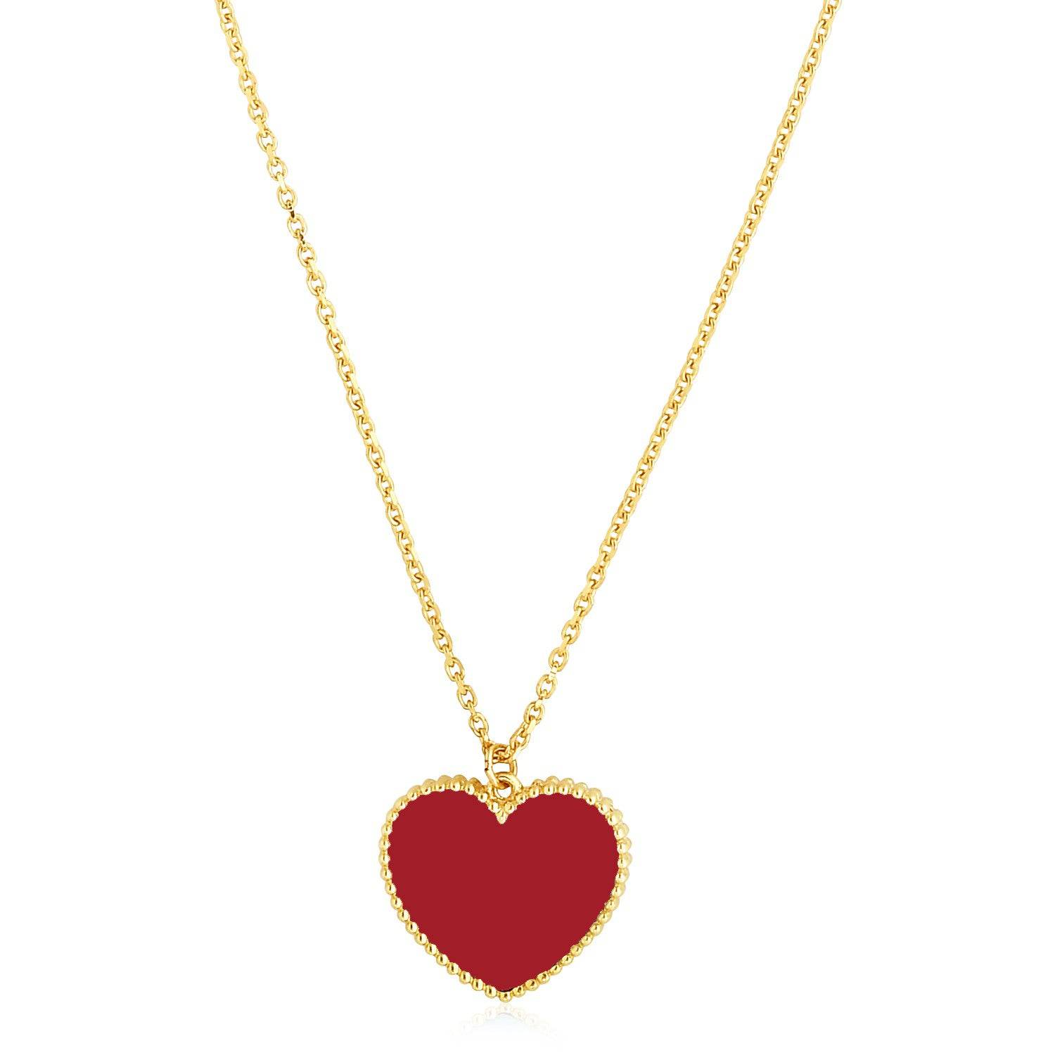 14k Yellow Gold High Polish Heart Red Cornelia Paste Necklace - Forever in Harmony