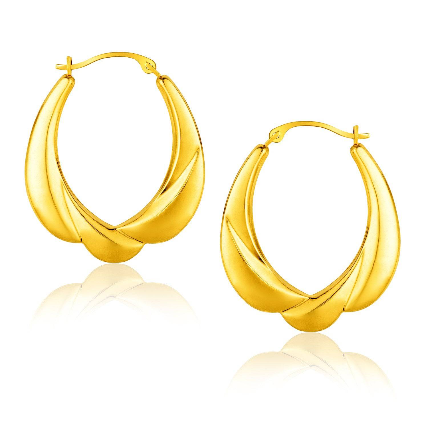 14K Yellow Gold Scallop Motif Graduated Oval Hoop Earrings - Forever in Harmony