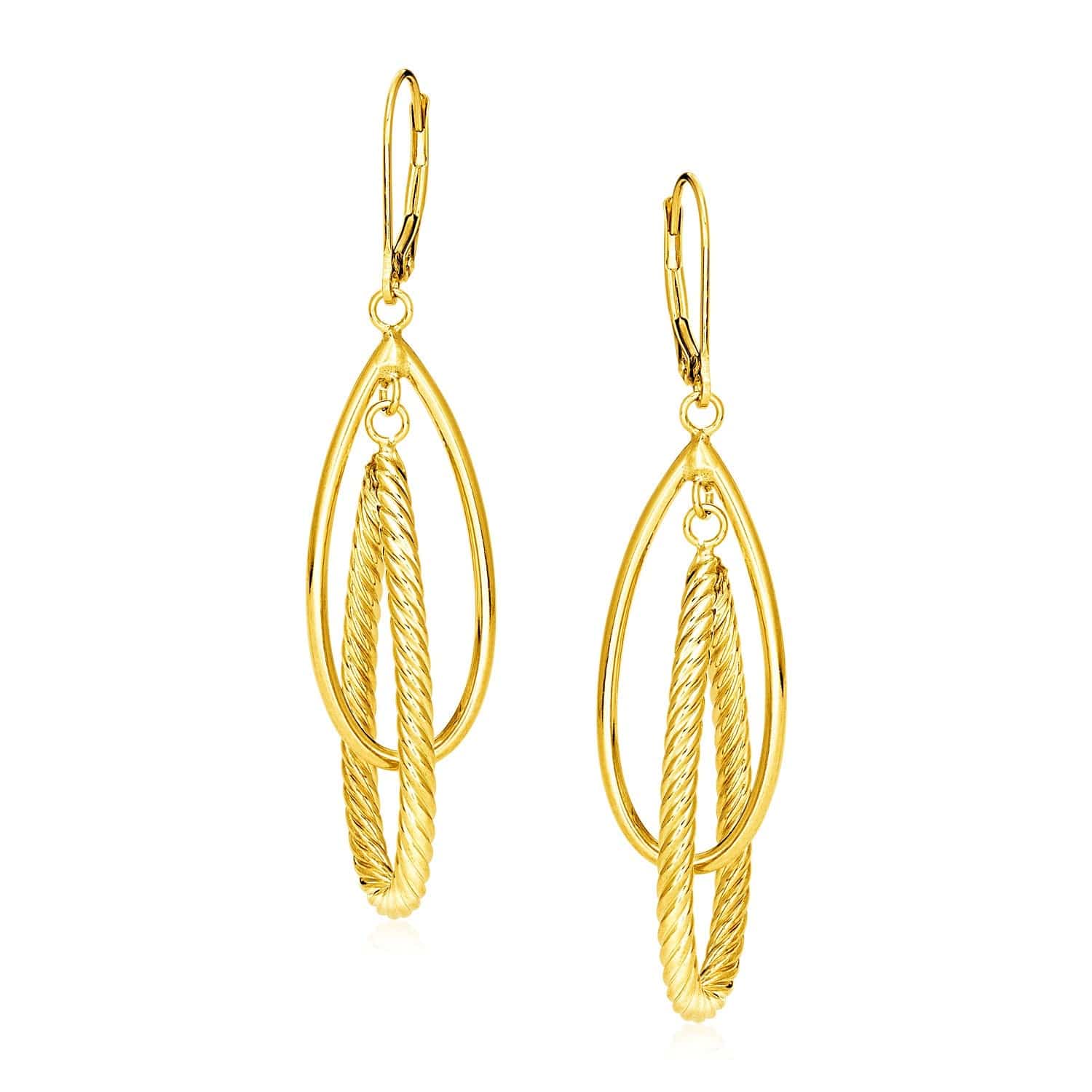 14k Yellow Gold Earrings with Shiny and Textured Teardrop Dangles