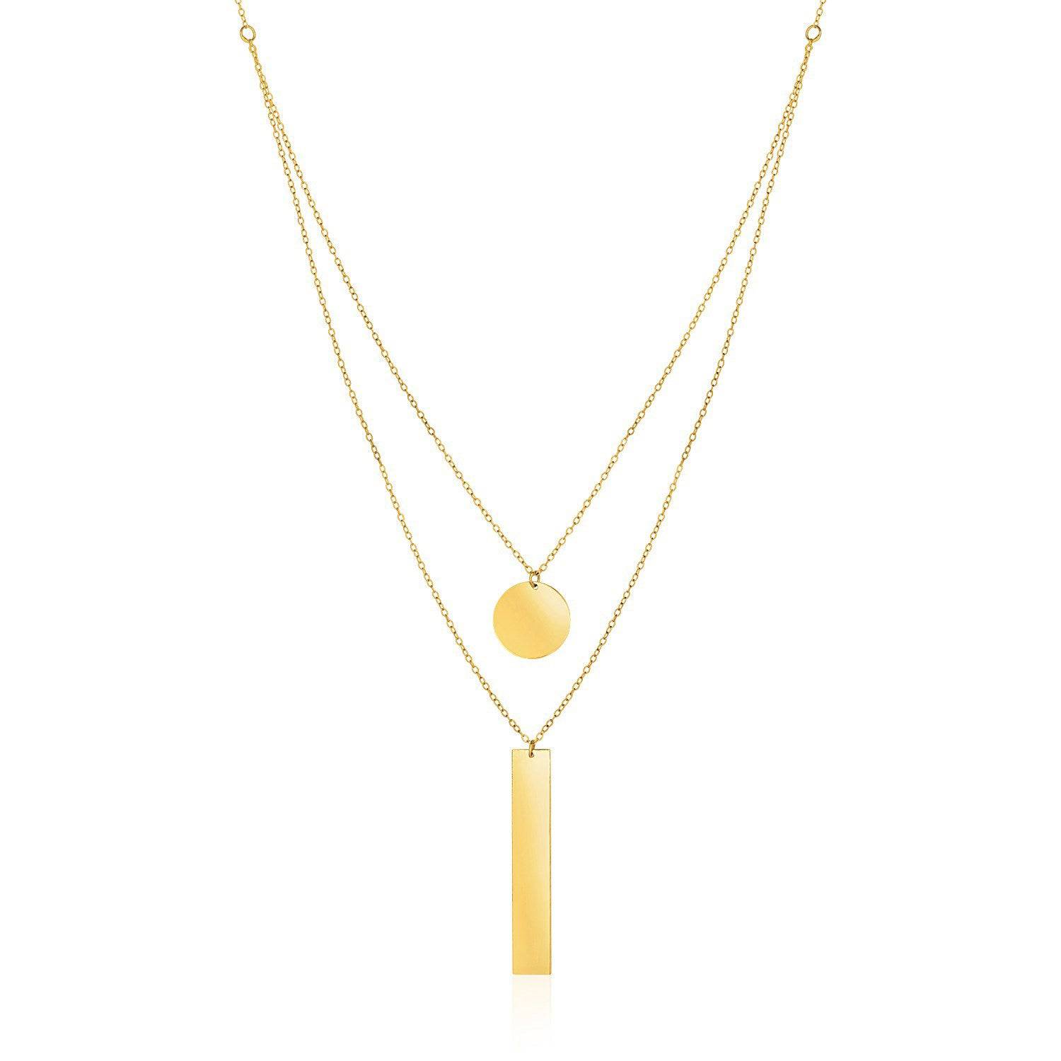 14k Yellow Gold 18 inch Two Strand Necklace with Circle and Bar Pendants