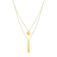 14k Yellow Gold 18 inch Two Strand Necklace with Circle and Bar Pendants