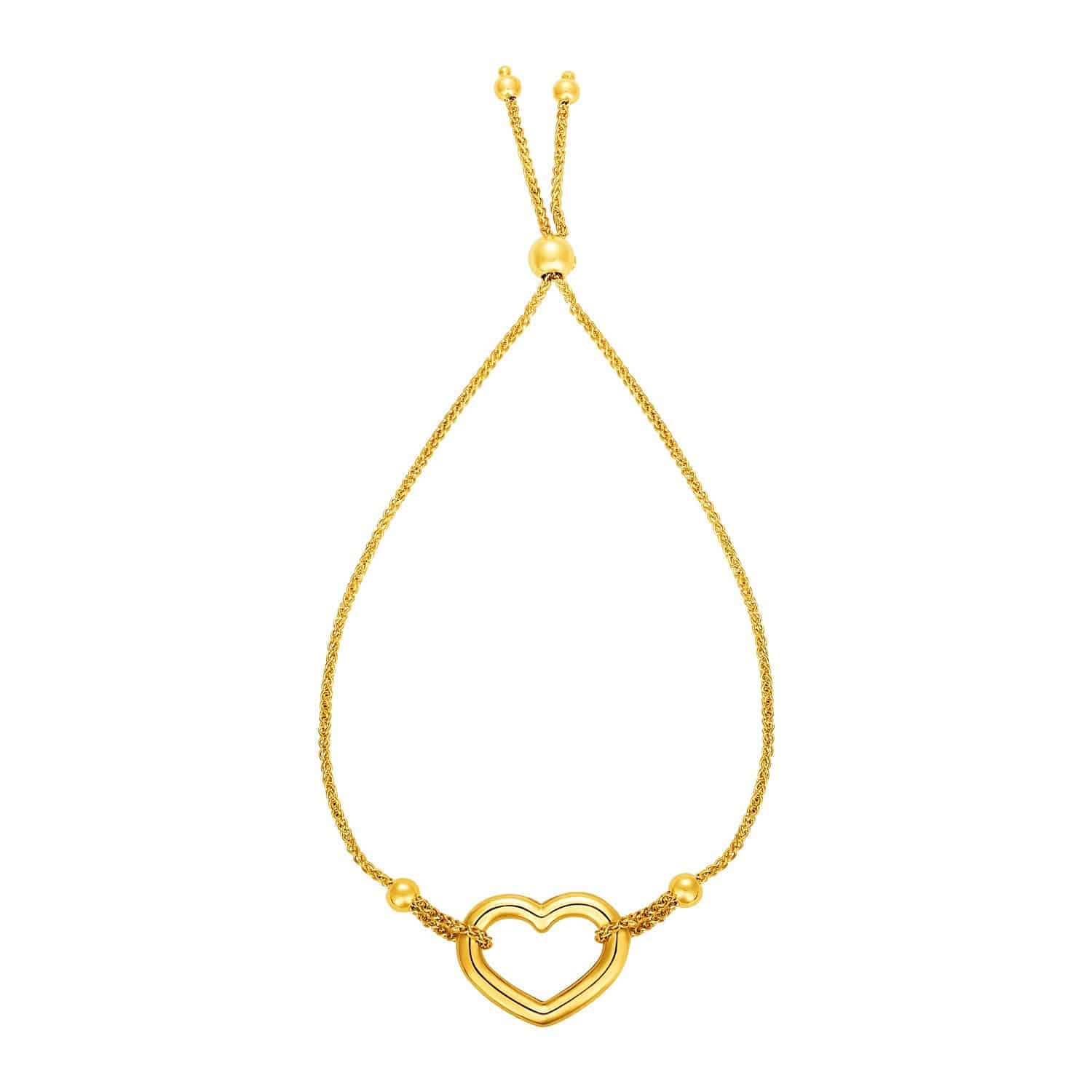 Adjustable Bracelet with Shiny Open Heart in 14k Yellow Gold (1.00 mm) |