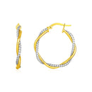 14k Yellow and White Gold Two Part Textured Twisted Round Hoop Earrings(3x23mm)