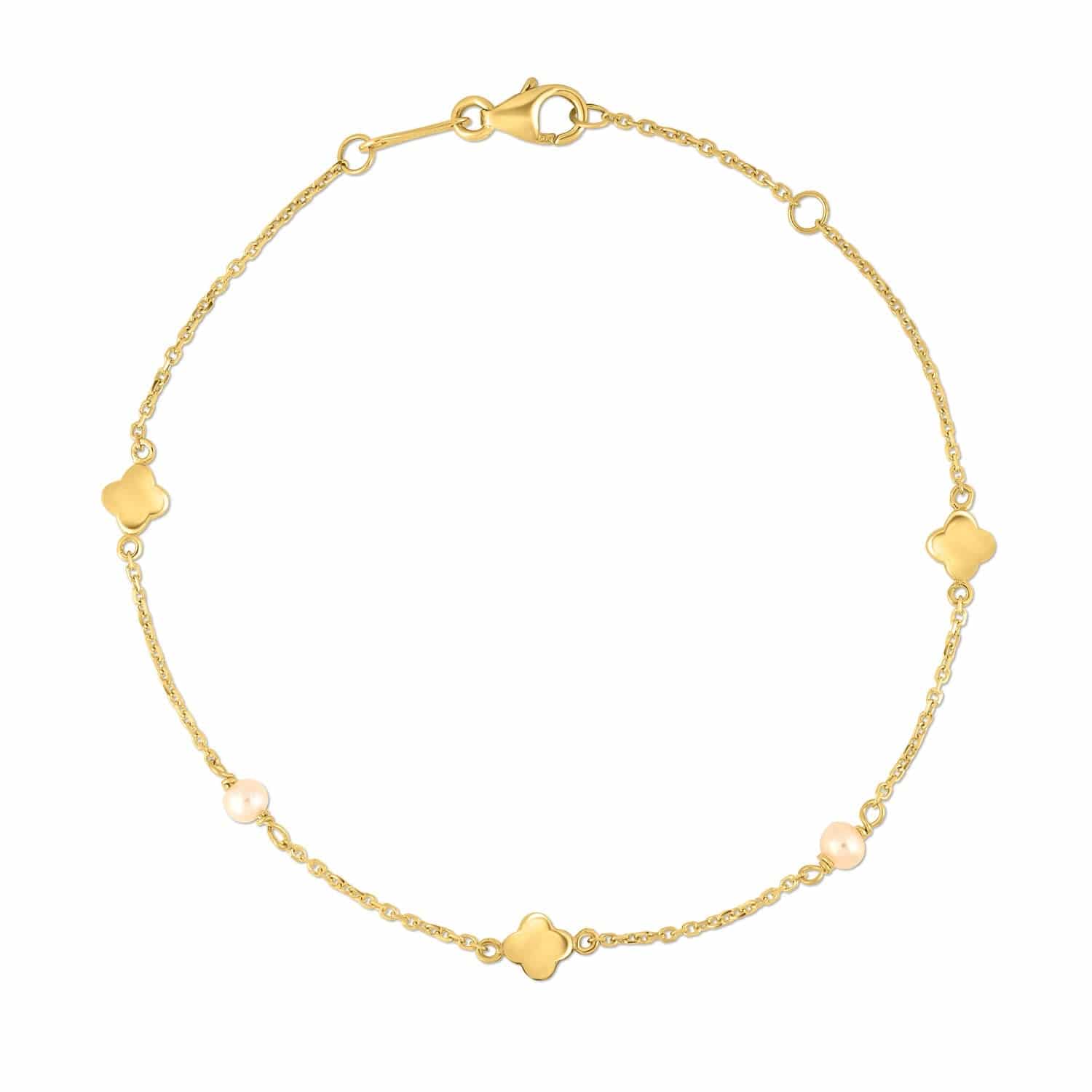 14k Yellow Gold Pearl Clover Bracelet