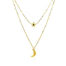 14k Yellow Gold Double-Strand Chain Necklace with Puff Moon and Star