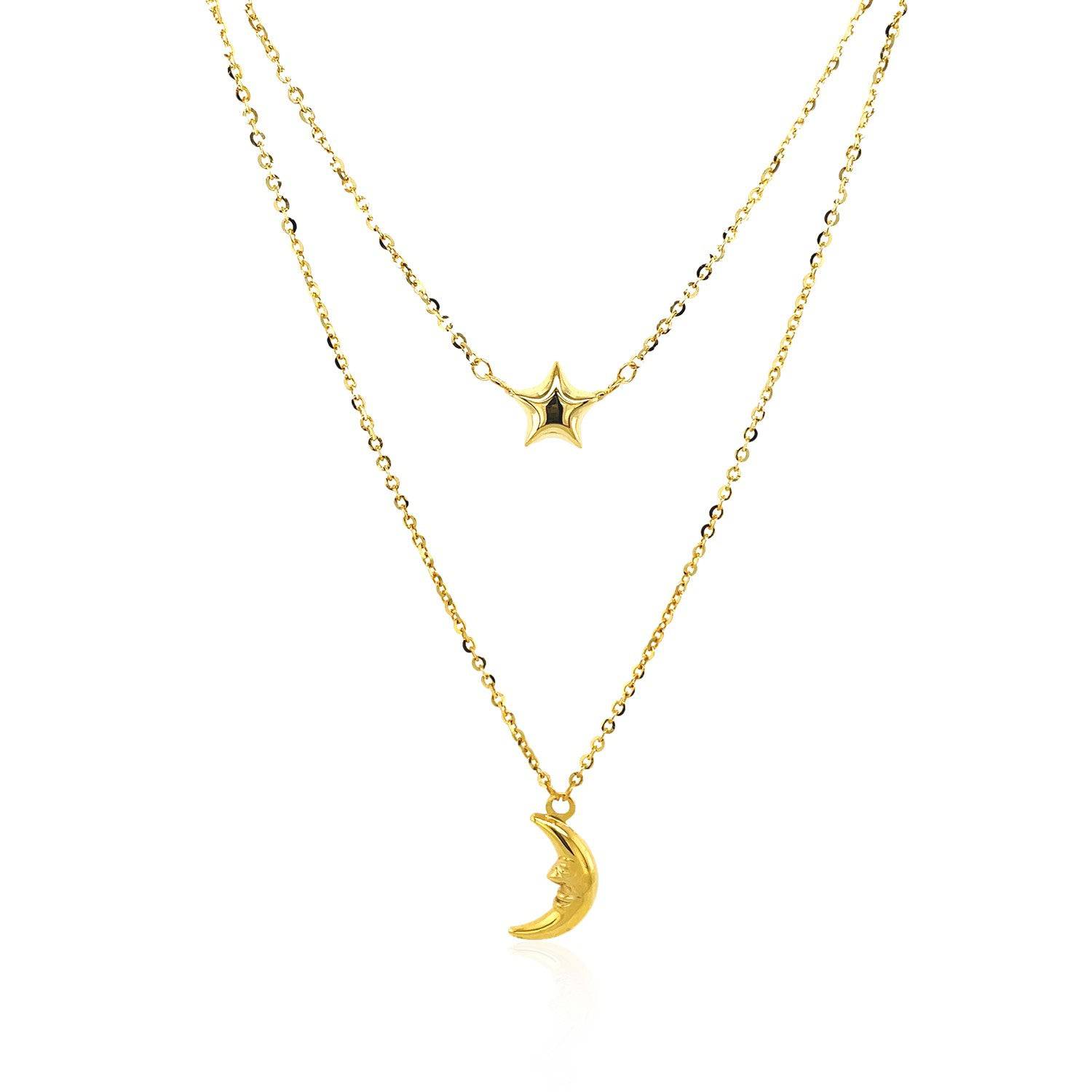 14k Yellow Gold Double-Strand Chain Necklace with Puff Moon and Star